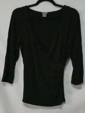 ANN TAYLOR Black Faux Wrap 3/4 Sleeve Ruched Knit Top - Size Medium